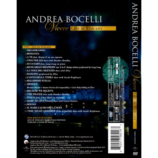 Dvd Andrea Bocelli, Vivere, Live In Toscany, 2008