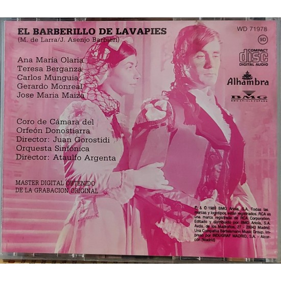 Cd El Barberillo de Lavapies, Ana Maria Olaria. Coro de Camara Del Orfeón Donostiarra, Director Juan Gorostidi
