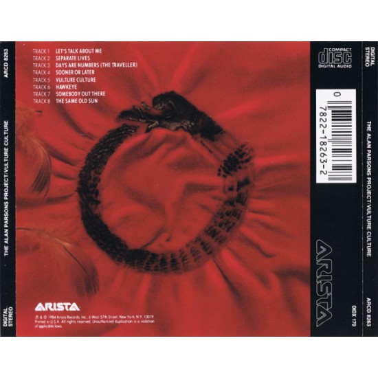 Cd The Alan Parsons Project, Vulture Culture, Arista, 1984, Importado USA Cd The Alan Parsons Project, Vulture Culture, Arista, 1984, Importado USA