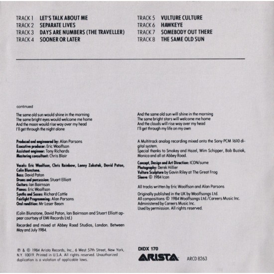 Cd The Alan Parsons Project, Vulture Culture, Arista, 1984, Importado USA Cd The Alan Parsons Project, Vulture Culture, Arista, 1984, Importado USA