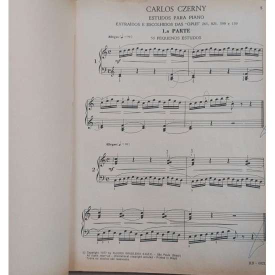 Estudos Para Piano, 1º Volume, Opus 261, 821, 599 e 139, Czerny-Germer, Revisão de Francisco Mignone Estudos Para Piano, 1º Volume, Opus 261, 821, 599 e 139, Czerny-Germer, Revisão de Francisco Mignone