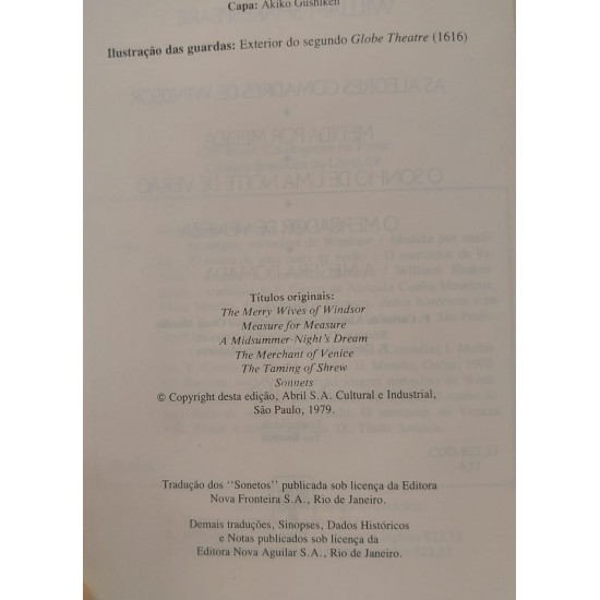 Comédias e Sonetos de William Shakespeare, Volume 2, Capa de Dura de Luxo com Letras Douradas